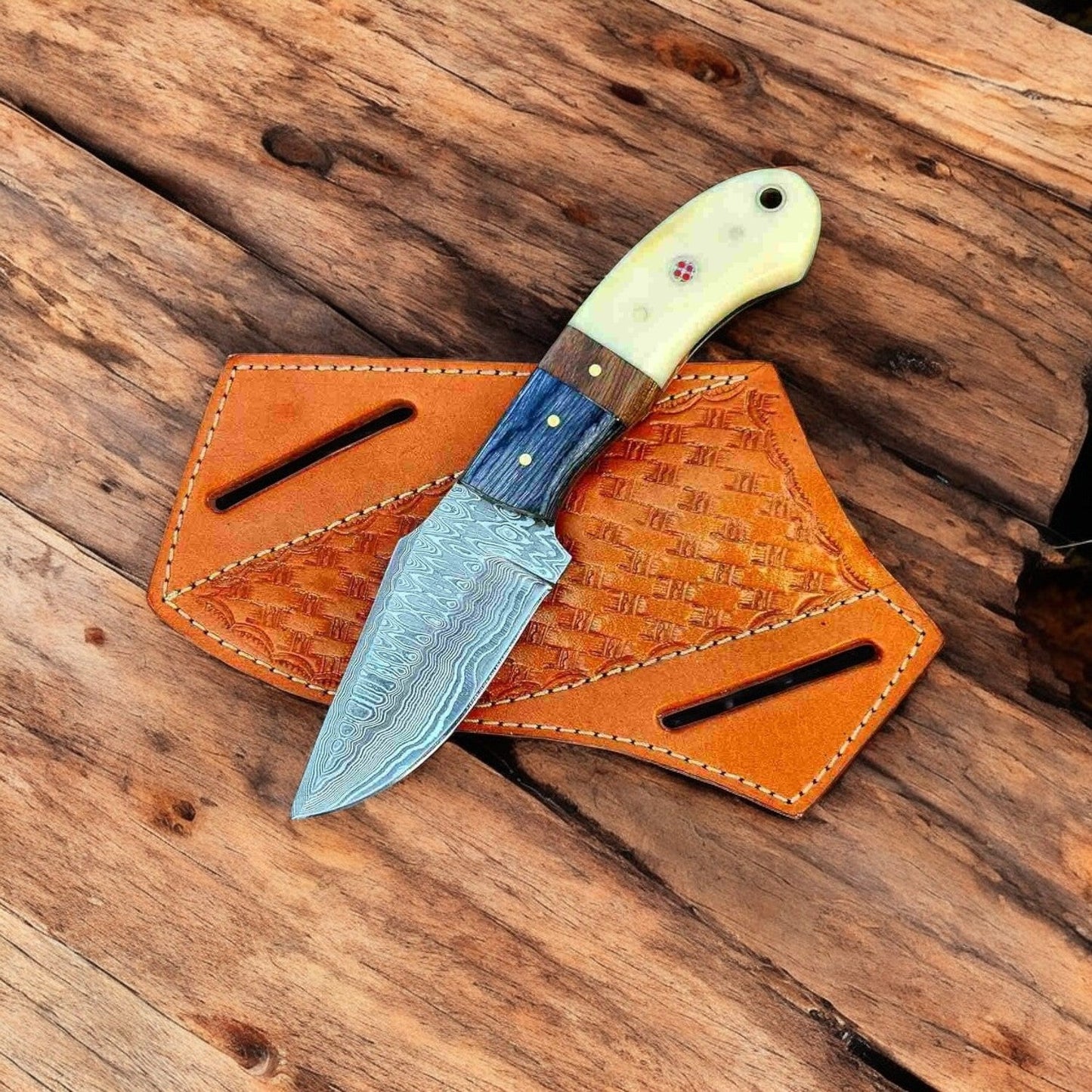 Handmade Damascus Cowboy Knife – 8" Bone & Wood Handle