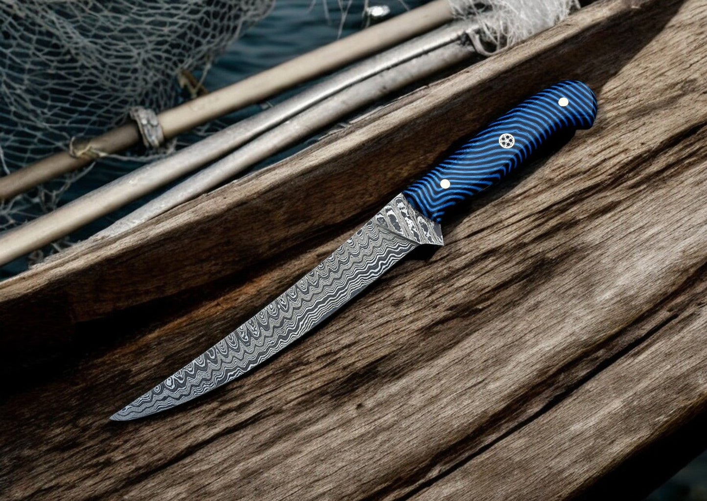 Custom Handmade Damascus Fillet Knife – 8" Blade, Resin Handle