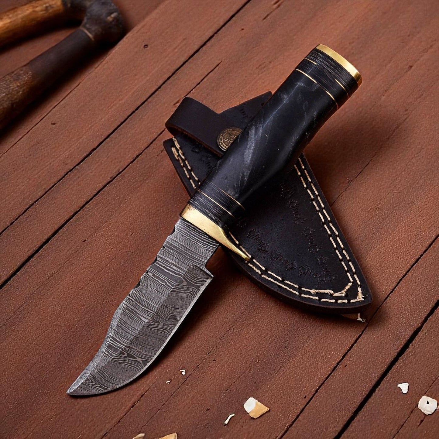 Custom Handmade Damascus Hunting Knife – 8" with Sheath