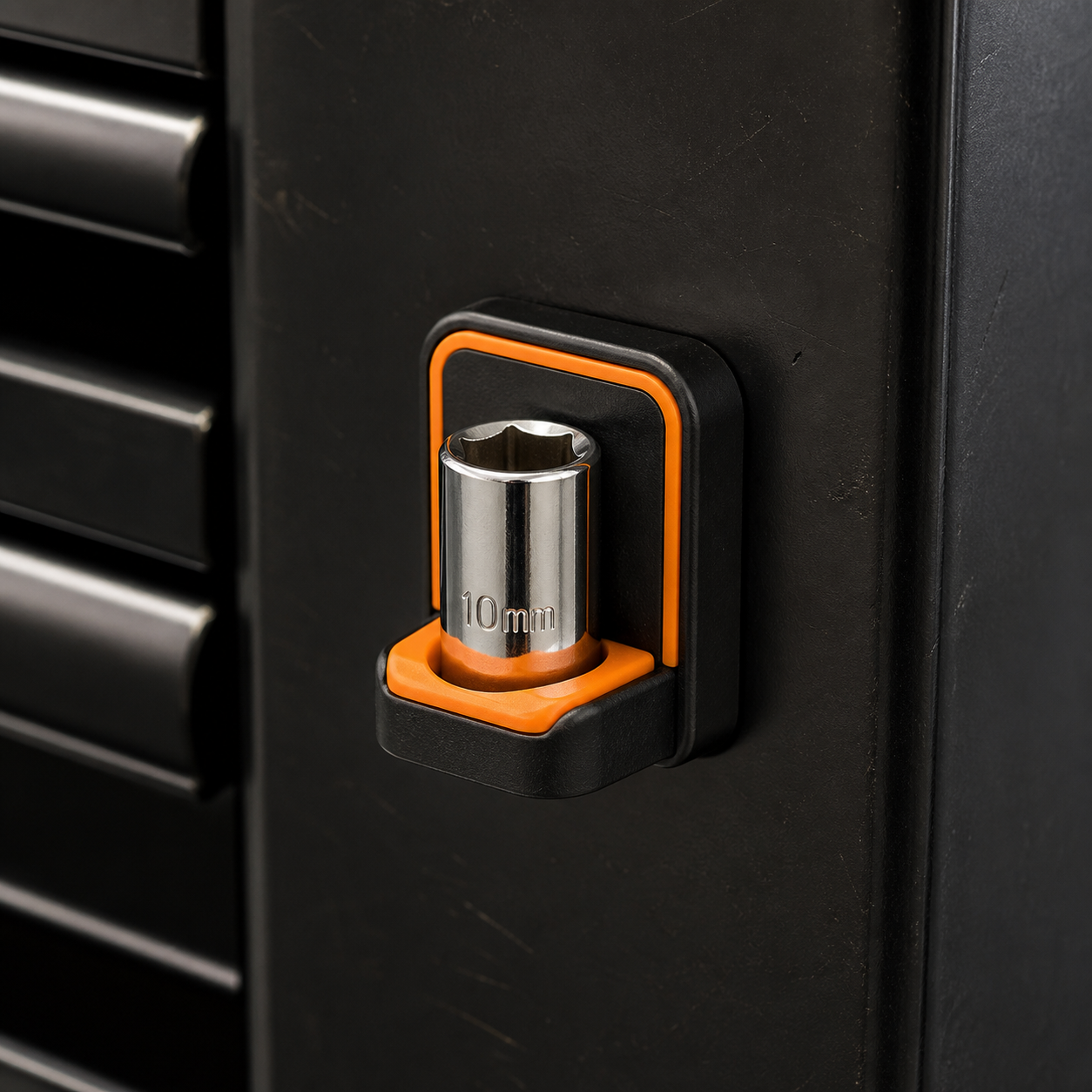 10MM Witness Protection socket dock holding a 10 mm socket on a black tool cabinet