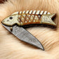 Handmade Damascus Pocket Knife – Bone Handle & Brass Engraving
