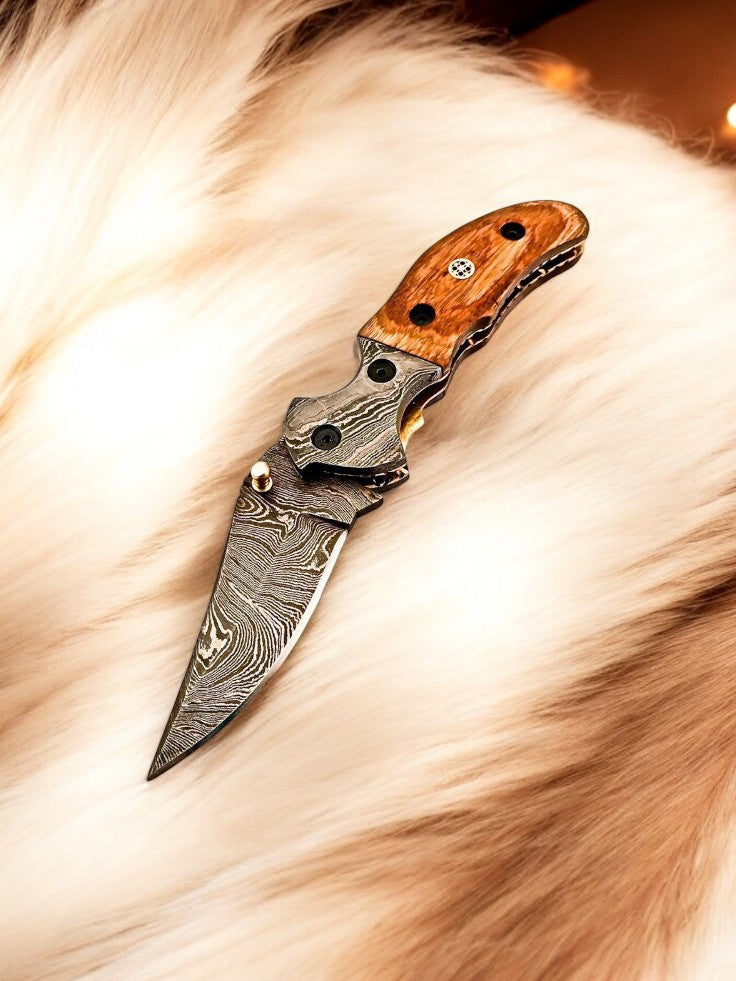 Custom Handmade Damascus Steel Pocket Knife with Olive Wood Handle