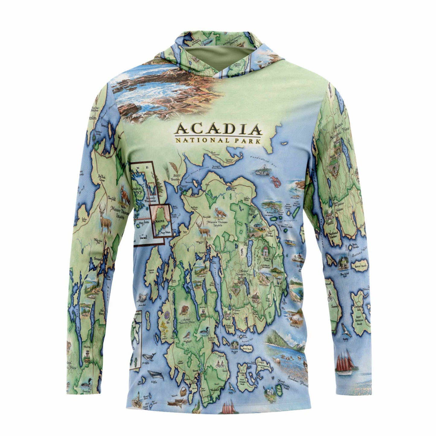 Acadia National Park Map UltraLight Sunshirt Hoodie – UPF 50+