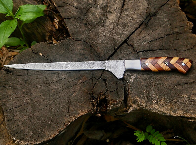 Handmade Damascus Fillet Knife 8” – Rosewood & Olive Wood Handle with Leather Sheath