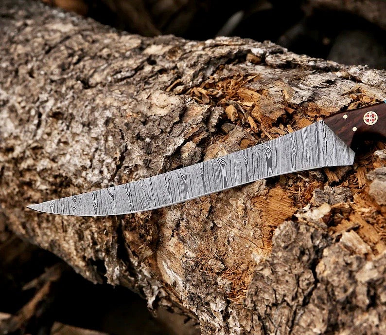Fishing Fillet & Boning Knife – 13" Damascus Steel with Camel Bone & Rosewood Handle + Leather Sheath