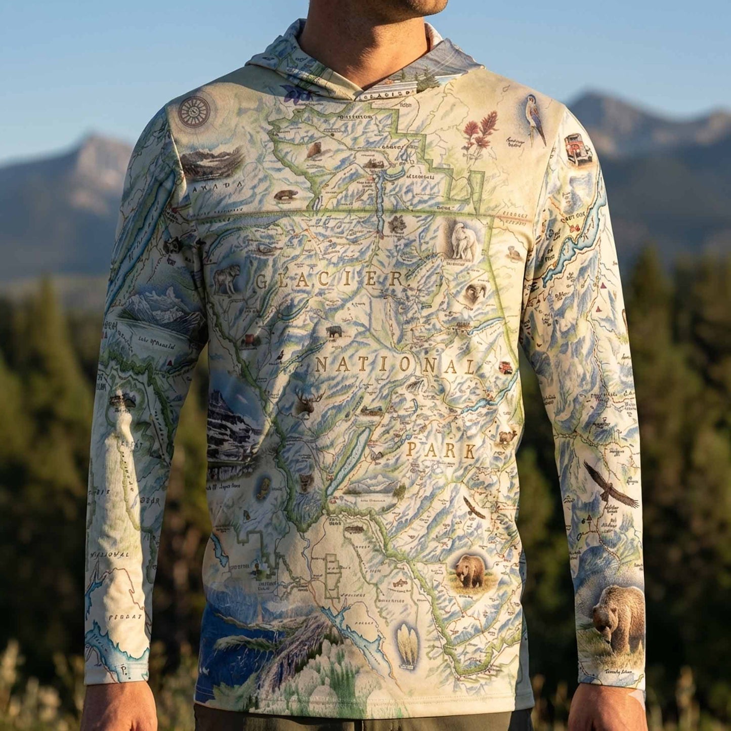 Glacier National Park Map UltraLight Sunshirt Hoodie – UPF 50+