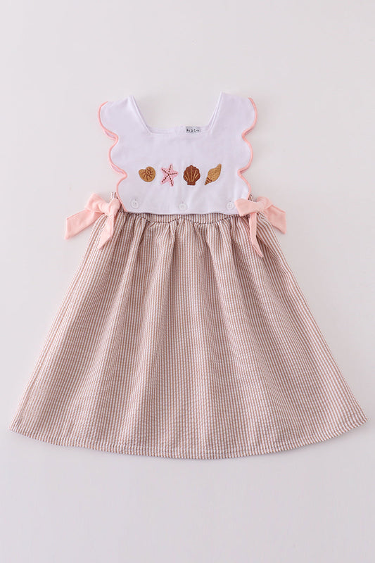 Brown Shell Starfish Embroidered Seersucker Dress