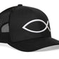Jesus Fish Trucker Hat  |  Black bold ichthys Snapback