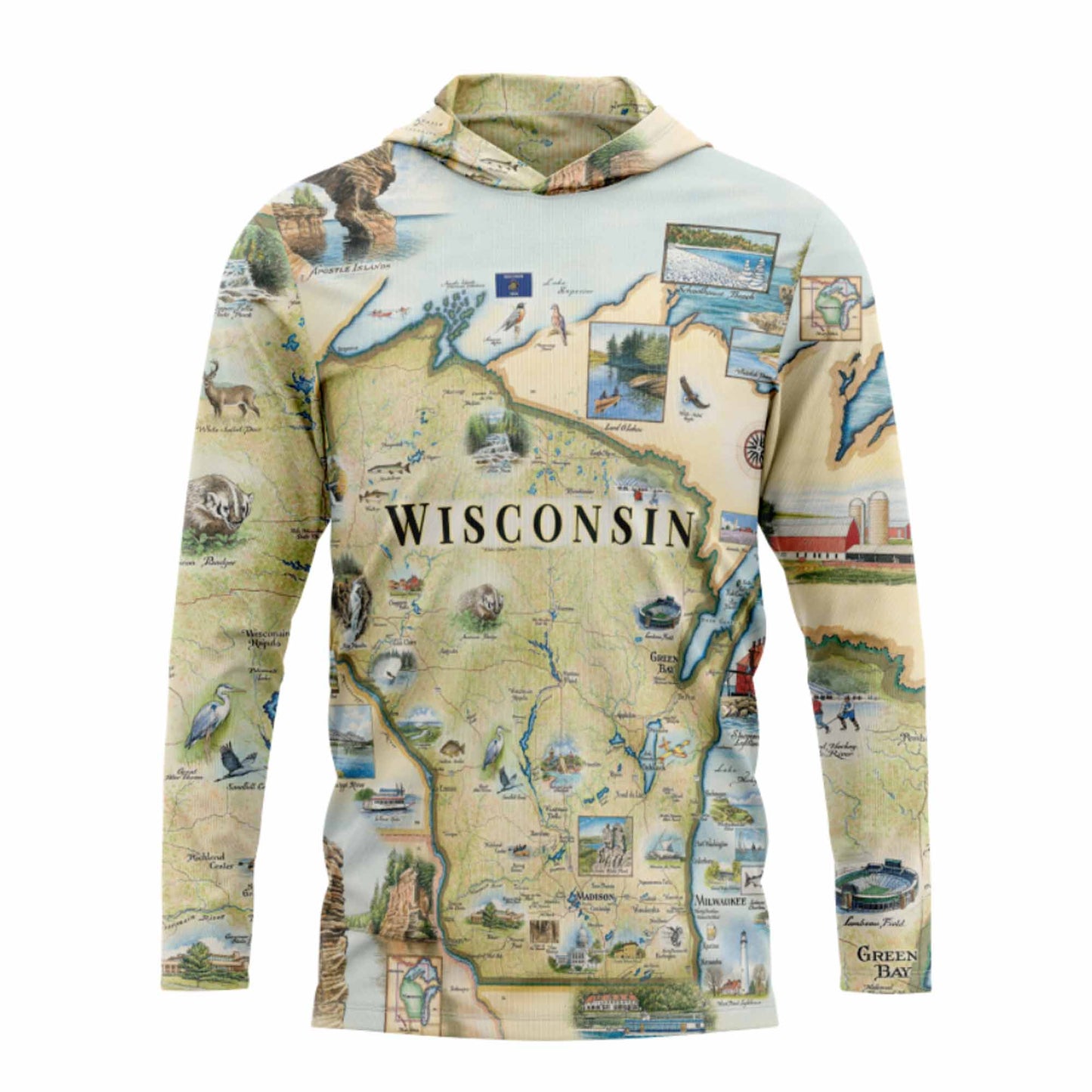 Wisconsin State Map UltraLight Sunshirt Hoodie – UPF 50+