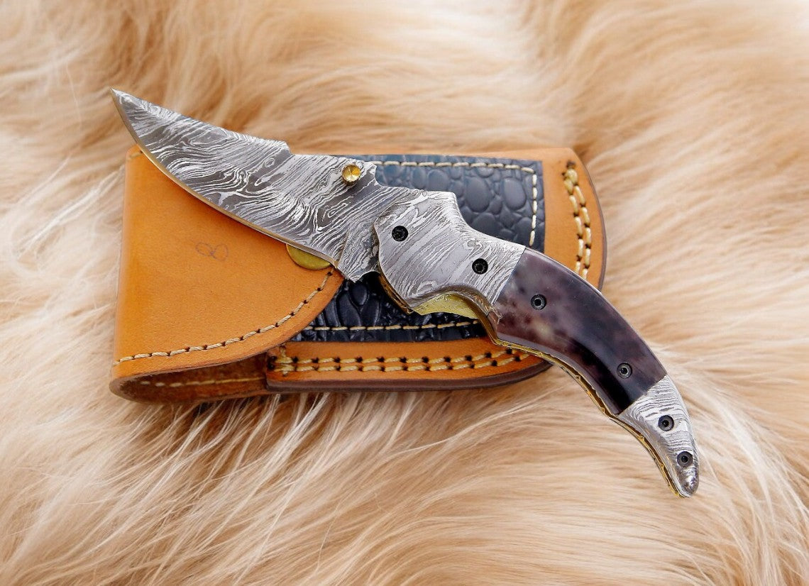 Custom Handmade Damascus Steel Pocket Knife – 3" Blade