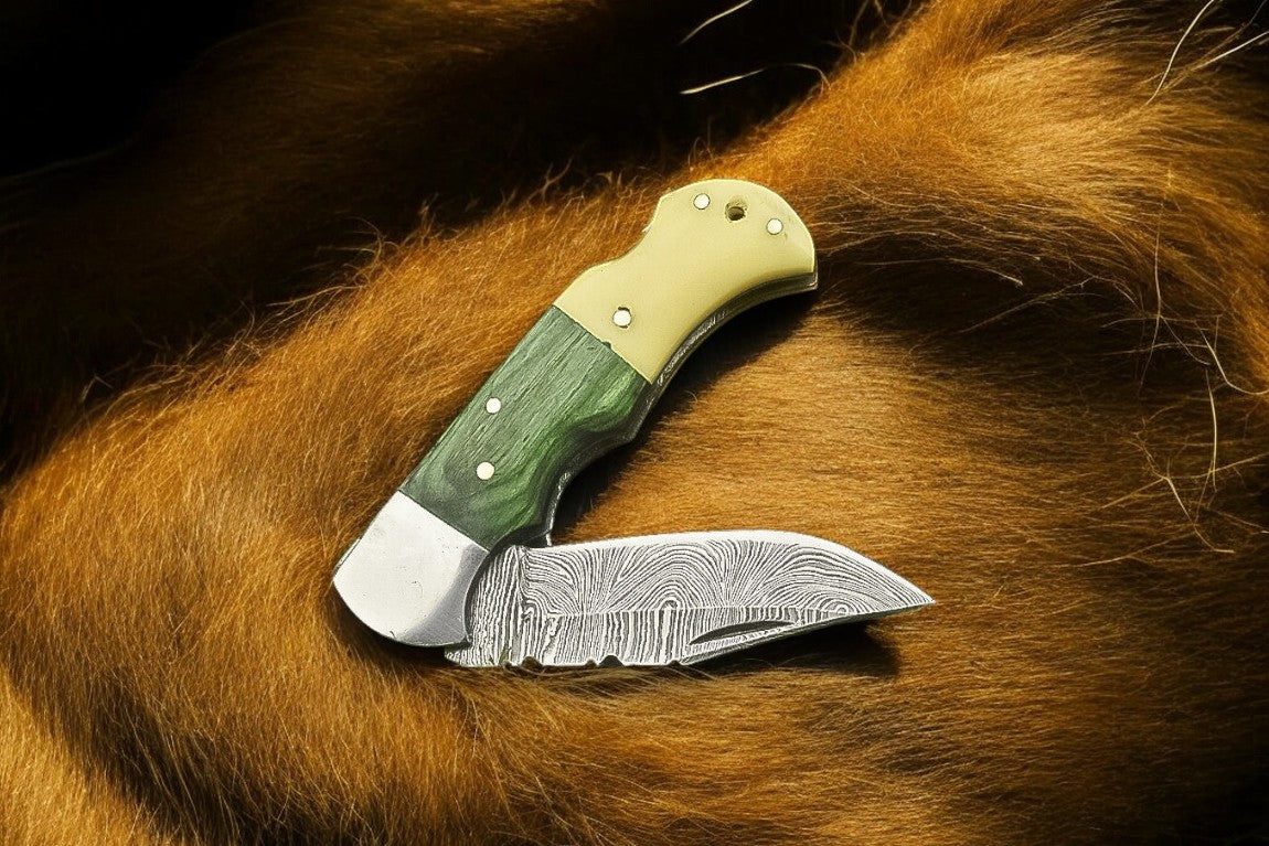 Custom Handmade Damascus Pocket Knife – Bone & Wood Handle