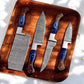 Handmade Damascus Kitchen Knives Set with Leather Roll