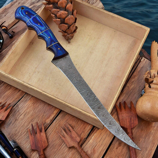 Custom Handmade Damascus Fillet Knife – 12" Exotic Wood Handle