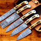 Handmade Damascus Kitchen Knives Set with Engraved Bone