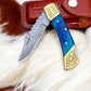 Exotic Blue Wood Damascus Pocket Knife | Back Lock
