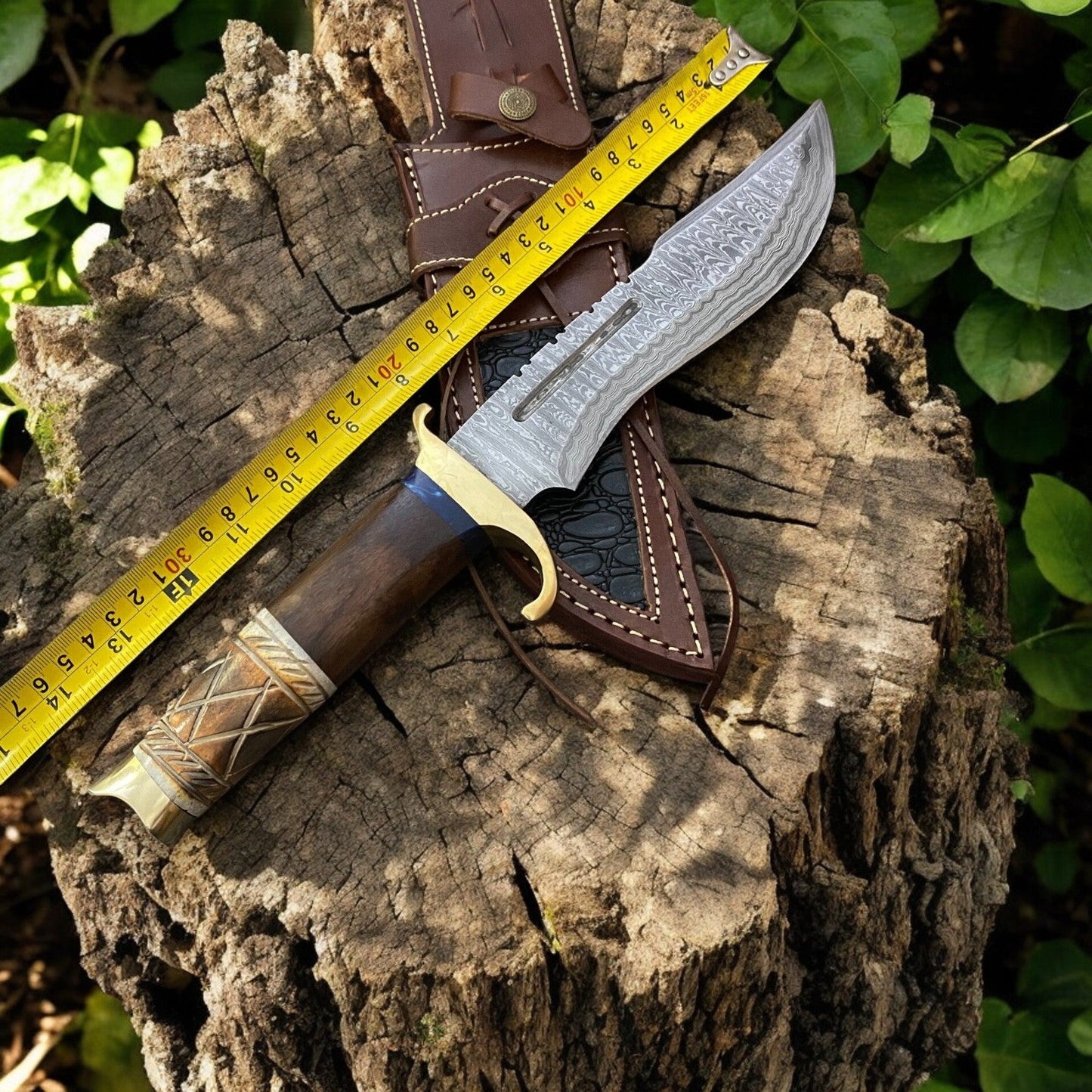 Custom Handmade Bowie Knife - 14" Damascus Steel Blade, Rosewood & Bone Handle