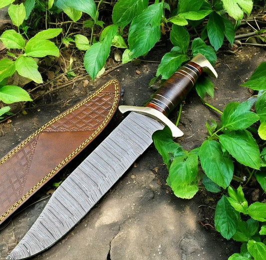 Custom Handmade Bowie Knife - 15" Damascus Steel Blade, Rosewood Handle