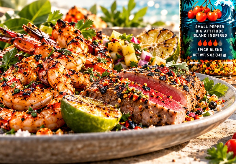 Coastal cooking inspiration with shrimp and fish. Illustrative scene; food and props not included.