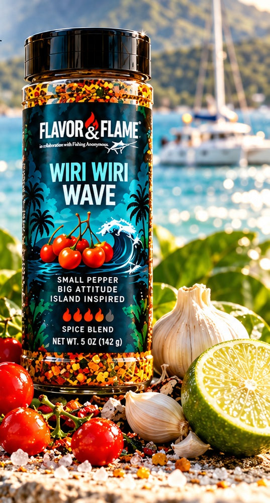 Individual Wiri Wiri Wave shaker concept with red peppers, garlic and lime. Illustrative preorder packaging.