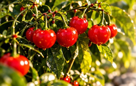 Illustration of round red wiri wiri peppers on a leafy branch—not a supplier-farm photograph.